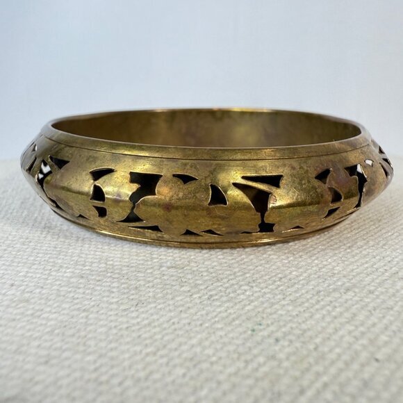 Brass Cutout Floral Bangle Bracelet Layers Gold-Tone Funky Stackable Boho Chunky - Picture 1 of 8